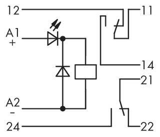 Circuit diagram of a relay with a diode. Terminals 12, 11, 14, 21, 22, 24, A1 (+) and A2 (-) are shown. Diodes symbolise protection.