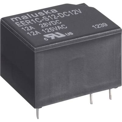 Black relay with label: 'maluska EER1C-S12-DC12V', specifications: 12A 28VDC, 12A 125VAC, model number: 1239.