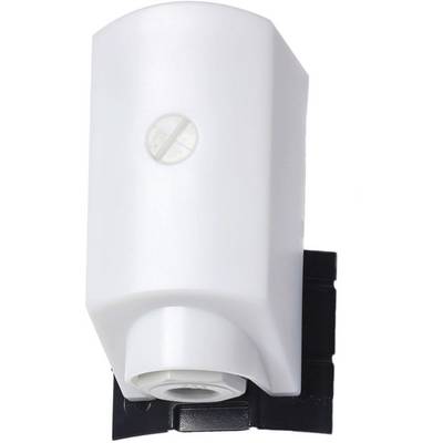 White soap dispenser with twist closure, mounted on a black holder.