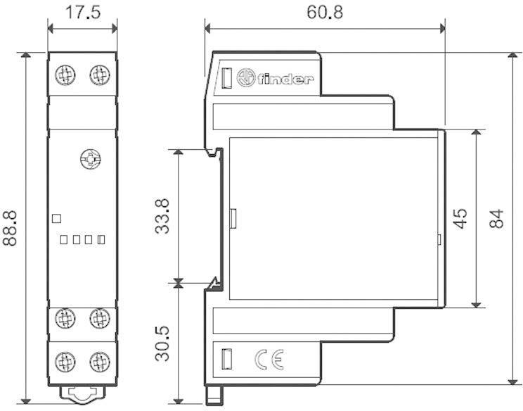 Technical drawing of a relay with dimensions: Width 17.5 mm, Height 88.8 mm, Depth 60.8 mm. Elliptical symbols top left.