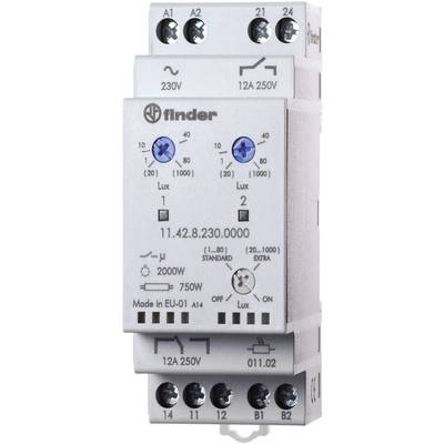 'Finder 11.42.8.230.0000' time relay with blue and white adjustment knobs, voltage and power specifications. Manufactured in EU.