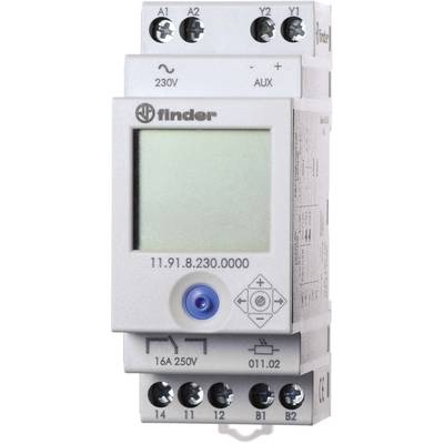 Electronic device with a display, buttons, and sockets. Labels: '230V', 'AUX', '16A 250V'. Device by the brand 'Finder'.