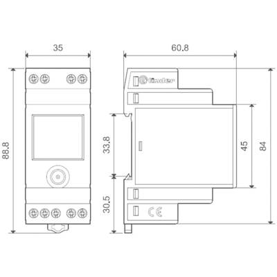 Technical drawing of an electrical component with dimensions: height 88.8 mm, width 35 mm, depth 60.8 mm, side view.