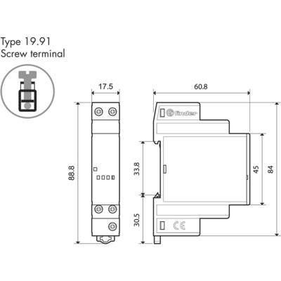 Technical drawing of a relay with screw terminal of type 19.91. Dimensions are specified in millimetres.