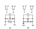 'Circuit diagrams for AC and DC: AC with resistor and diode, DC with two diodes. Both show switch positions and connection terminals.'