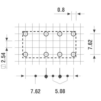 Technical drawing of a microchip pin layout with specific dimensions: 7.62 mm length, 2.54 mm height, and pin spacing of 0.8 mm.