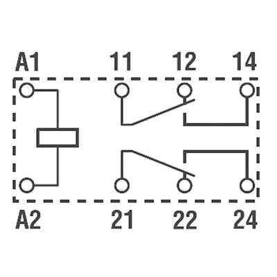 Circuit diagram of a relay with terminals A1, A2, 11, 12, 14, 21, 22, 24, showing electrical connection points and switching contacts.