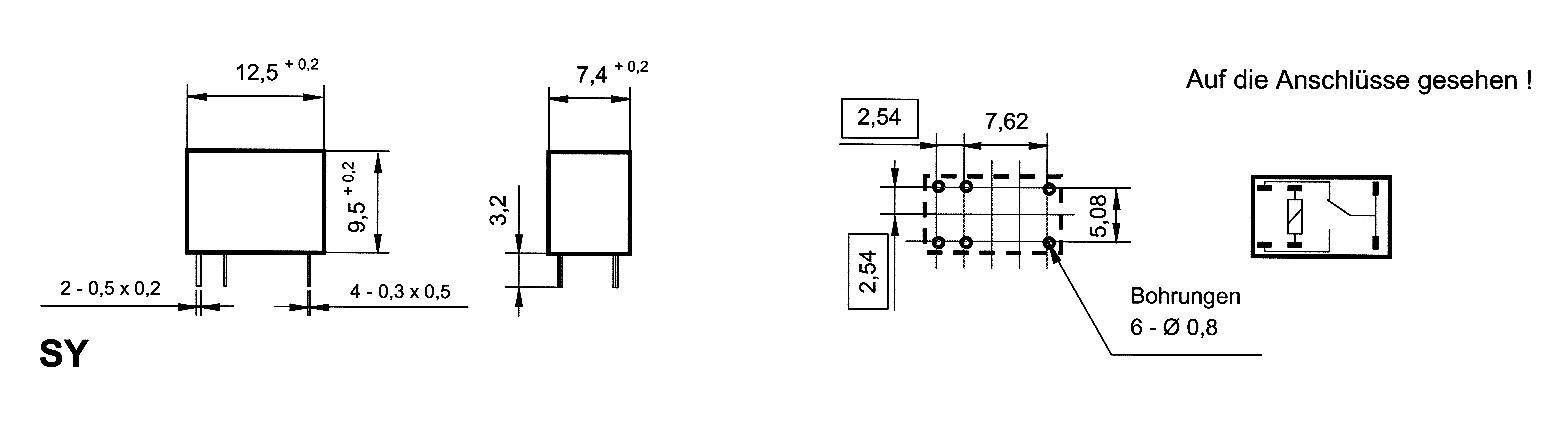 'Diagram of a rectangular component with dimensions in mm, solder connections shown; Texts: SY, Looking at the connections! Drill holes 6 - 0.8.'
