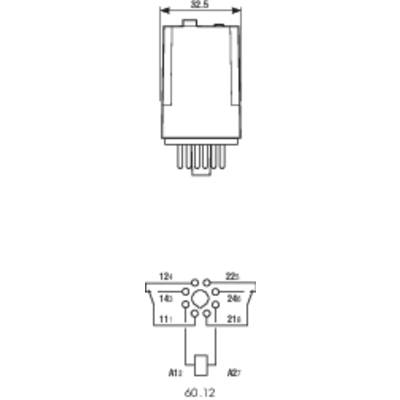 Technical drawing of a relay with socket diagram. Dimensions: 32.5 mm width at the top, 60.12 mm width at the bottom. Connections: 11, 12, 21, 22.