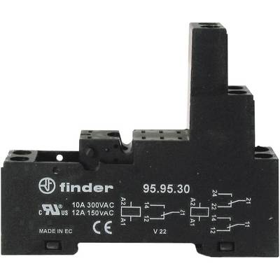 Black electrical relay socket by Finder, model number 95.95.30, with markings for connection terminals and technical specifications.