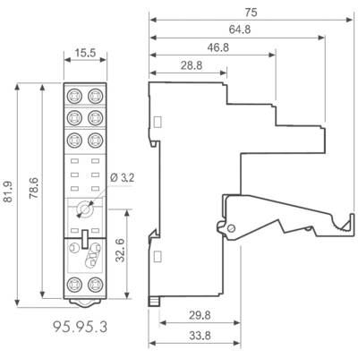 A technical drawing depicts an electrical device with dimensions and mounting points. Main dimensions: 81.9 x 75 x 95.95 mm.