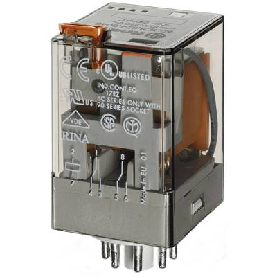 A transparent relay with silver terminals and an orange mechanism, displaying multiple certification logos.