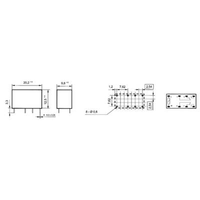 Technical drawing of an electronic component with dimensions in millimetres: 20.2 × 12.5 × 9.8. Pins and grid spacing of 2.54 mm shown.