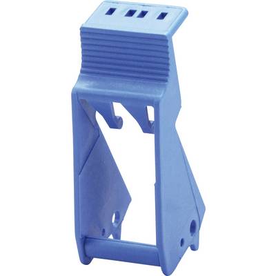 A blue plastic casing with a non-slip handle and recesses for mounting on a wall or device.