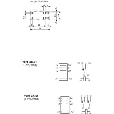 'Type 40.61' and 'Type 40.52' switching symbols with dimensions and pin layout. Shows electrical connection details for relay designs.