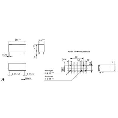 Technical drawing of an electronic component with dimensions and hole positions. Side view and top view. Model JS.