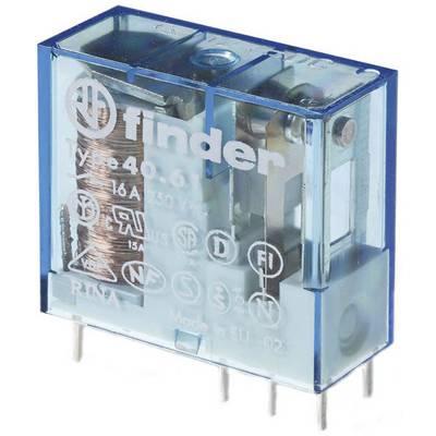 A blue, transparent relay by Finder with silver lettering. Inscription: 'TY-e 40.61', showing internal coil and metal contacts.