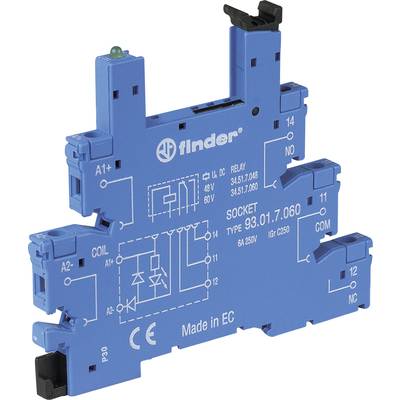 Blue base socket for relay, type 93.01.7.060, with labels for electrical connections. Manufacturer: Finder, 'Made in EC'.