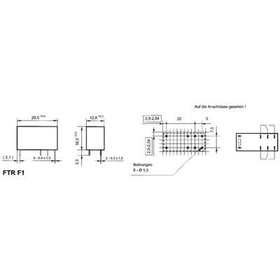 'FTR F1' Relay Housing: Technical Drawing with Dimensions. Width 29 mm, Height 16.5 mm, Depth 12.8 mm. Connection Details and Drilling Positions Shown.