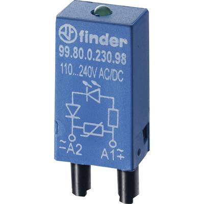 Blue electronic circuit component with label '99.80.0.230.98' and voltage range '110...240V AC/DC', displaying switching symbol.