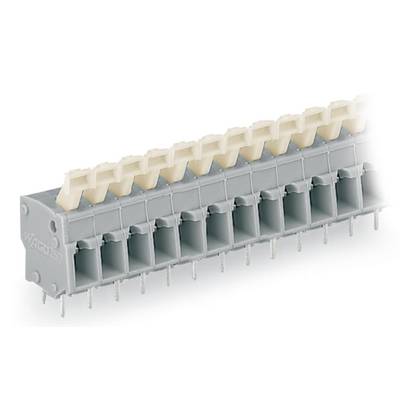 A grey electrical connector with multiple pins and white connection points, shown from a side view.
