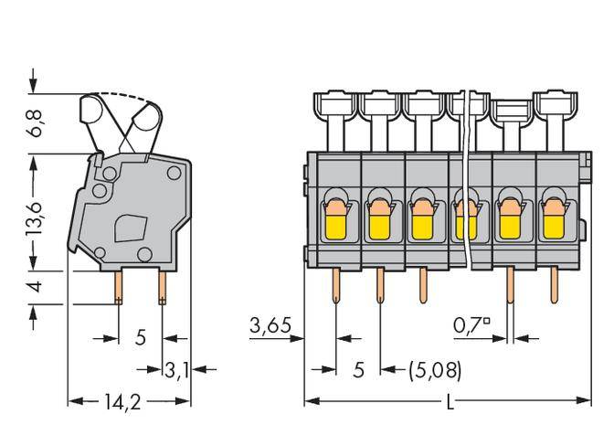 Technical drawing of a connector with dimensions in millimetres. Left side view showing height and depth, right front view.