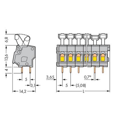 Technical drawing of a connector with dimensions in millimetres. Left side view showing height and depth, right front view.
