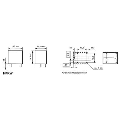 Representation of an HFC Relay with Dimensions and Connection Details. Left: Side View with Measurements, Right: Top View with Pin Layout.