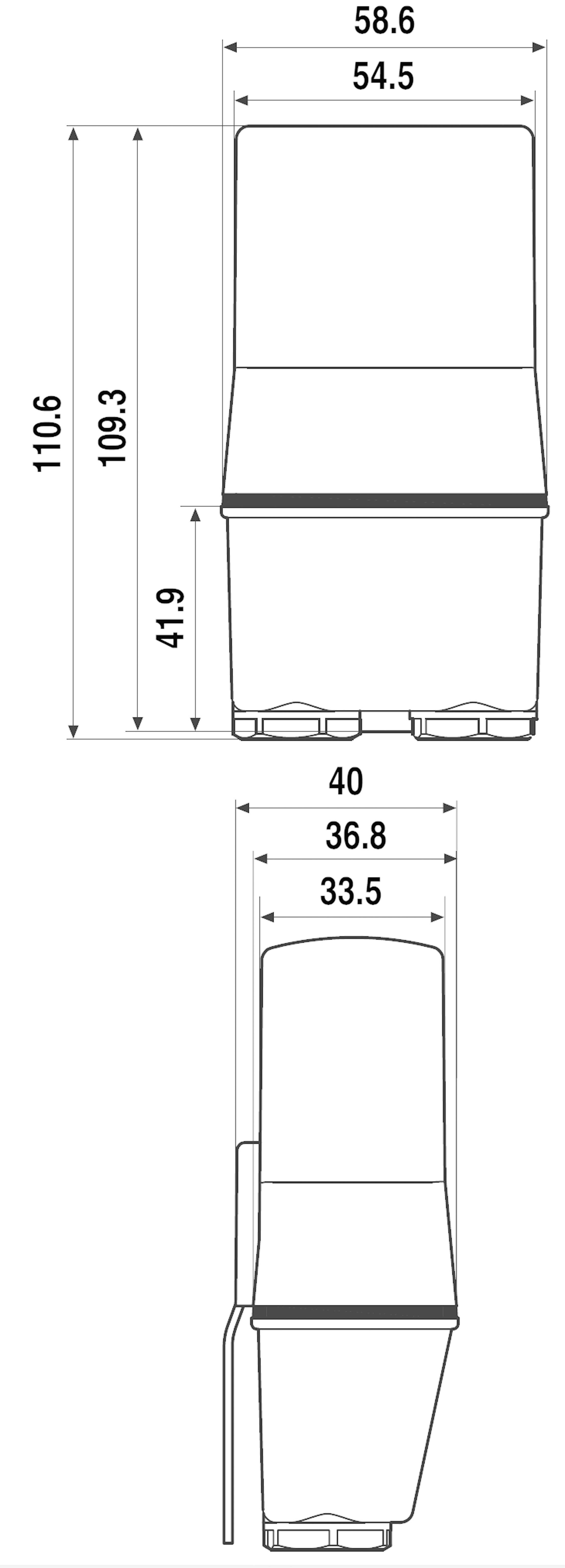 Two technical drawings of a rectangular device with dimensions. Top: Height 110.6; Width 58.6. Bottom: Height 40; Width 36.8.
