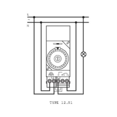 'Circuit diagram for Type 12.01: Device with four terminal connections, connected to power source and light symbol. Marked at the top with L and N.'
