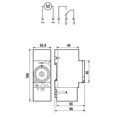 Schematic drawing of an electrical device with circuit diagram at the top and dimensional specifications on the left side: 105 mm high, 35.8 mm wide.