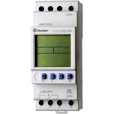 Digital time switch by Finder with display and buttons. Shows current switching programmes. Suitable for 230V systems.
