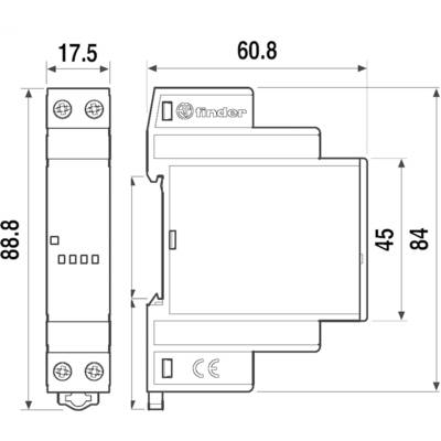 Technical drawing of a relay with dimensions: height 88.8 mm, width 17.5 mm, depth 60.8 mm. Markings and CE certification visible.