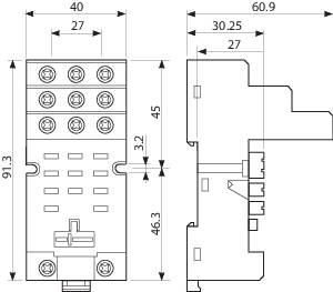Technical drawing of an electronic component with dimensional specifications. Shows front and side views with detailed measurements in millimetres.