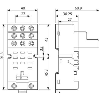 Technical drawing of an electronic component with dimensional specifications. Shows front and side views with detailed measurements in millimetres.