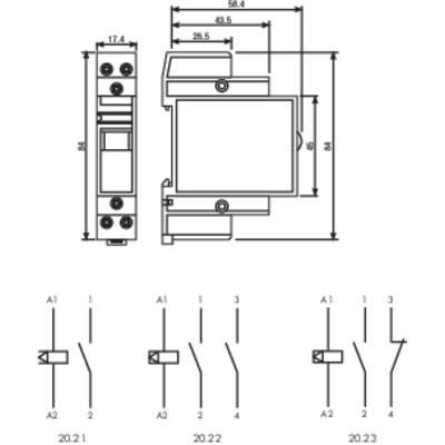 Drawing of an electronic component with dimensions in millimetres. Below are switching symbols with labels '20.2.1', '20.2.2', '20.2.3'.