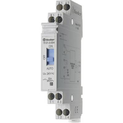 An electronic time relay on a control panel with a blue ON/OFF-AUTO sliding switch, screw terminals and circuit diagram sketch.