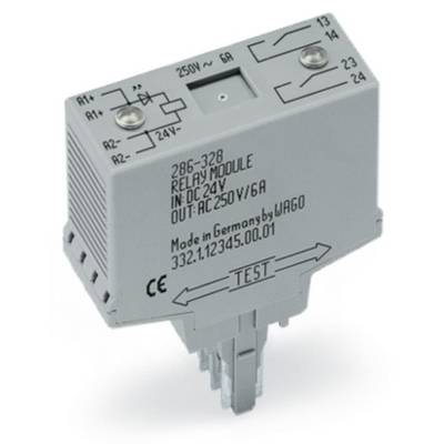 Wago relay module, Model 286-328, Operating voltage DC 24V, Output AC 250V/6A, with test button and connection labels.