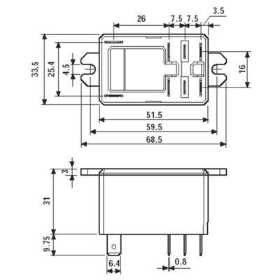 Technical drawing of an electronic component with dimensions: height 33.5 mm, width 68.5 mm, depth 31 mm. Front and side view.