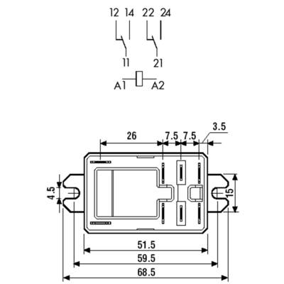 Technical drawing of a relay with dimensional specifications in millimetres. Above is a circuit diagram with connection designations 11, 12, 14, 21, 22, 24, A1, A2.