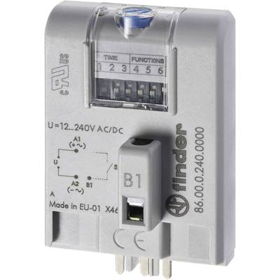Grey-white time switch relay by Finder with transparent cover, six setting functions and connection diagram. Made in EU.