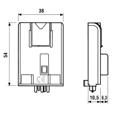 Diagram of an electrical component with dimensions: width 38 mm, height 54 mm, depth 10.5 mm and 6.3 mm. Side and front views shown.