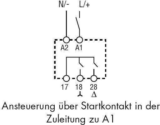 'Circuit diagram with triangle switching symbol. A1 and A2 connected with start contact. Consumer connected to N/- and L/+'