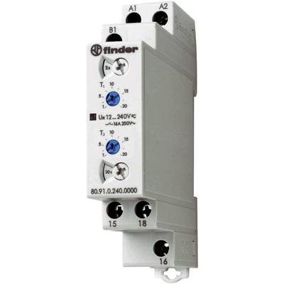 Electric time relay in housing form, showing adjustment knobs for time delay and voltage, suitable for voltages from 12 to 240 V.