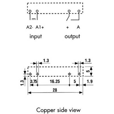 Circuit diagram with input and output connections. Dimensions in millimetres, total width 28 mm, detailed view of copper side.