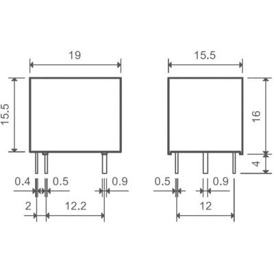 Technical Drawing of Two Electronic Components with Dimensional Measurements in Millimetres, Including Width, Height, and Pin Spacing