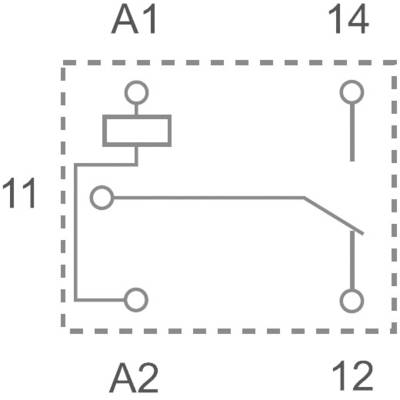 Circuit diagram of a relay with terminals: A1, A2, 11, 12, 14. Representation of the internal current path with switch and coil.