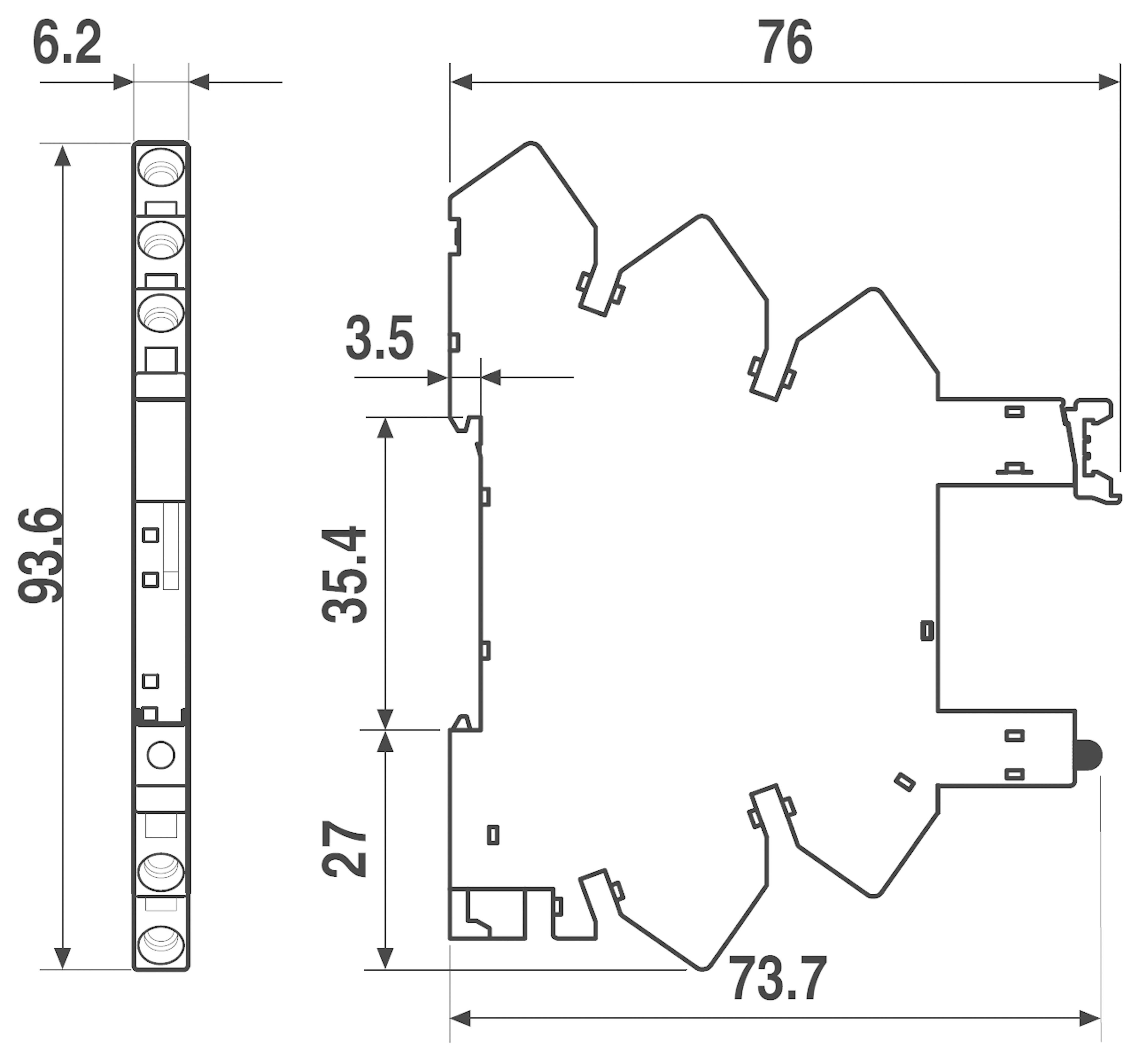 Technical drawing of a profile cross-section with dimensions: 93.6 x 6.2 mm (left), 73.7 x 76 mm (right), additional details marked.