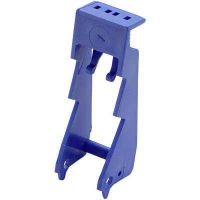 Blue plastic holder with a rectangular opening at the top, two side hooks, and a lower support, likely for mounting purposes.