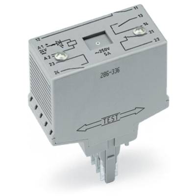 Grey electronic relay element with circuit diagrams and connection points on the top surface. Labelling shows 250V, 5A.